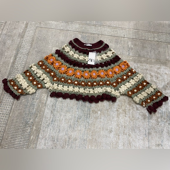 NWT Zara Flower Crochet Knit Sweater Top - Picture 5 of 8